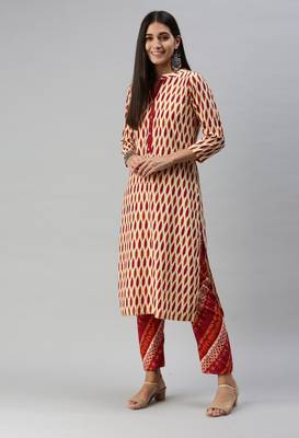 SheWill Women Beige and Orange Ethnic Motifs Ikat Printed Regular Kurta with Palazzo Style Pant 1