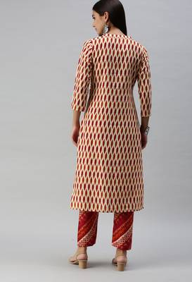 SheWill Women Beige and Orange Ethnic Motifs Ikat Printed Regular Kurta with Palazzo Style Pant 4