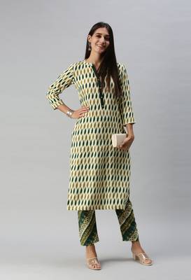 SheWill Women Beige and Green Ethnic Motifs Ikat Printed Regular Kurta with Palazzo Style Pant 1