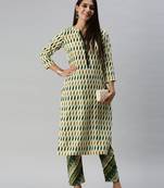 SheWill Women Beige and Green Ethnic Motifs Ikat Printed Regular Kurta with Palazzo Style Pant