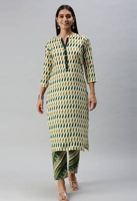 SheWill Women Beige and Green Ethnic Motifs Ikat Printed Regular Kurta with Palazzo Style Pant 2
