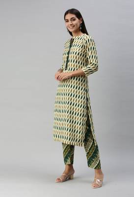 SheWill Women Beige and Green Ethnic Motifs Ikat Printed Regular Kurta with Palazzo Style Pant 4