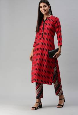 SheWill Women Red and Black Ethnic Motifs Ikat Printed Regular Kurta with Palazzo Style Pant 1