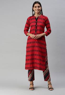 SheWill Women Red and Black Ethnic Motifs Ikat Printed Regular Kurta with Palazzo Style Pant 2