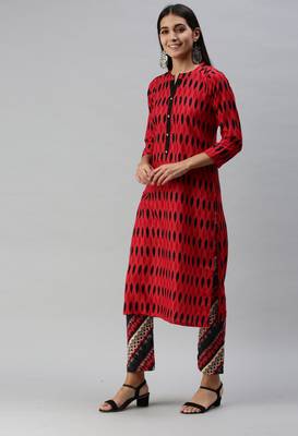 SheWill Women Red and Black Ethnic Motifs Ikat Printed Regular Kurta with Palazzo Style Pant 3
