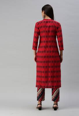 SheWill Women Red and Black Ethnic Motifs Ikat Printed Regular Kurta with Palazzo Style Pant 4