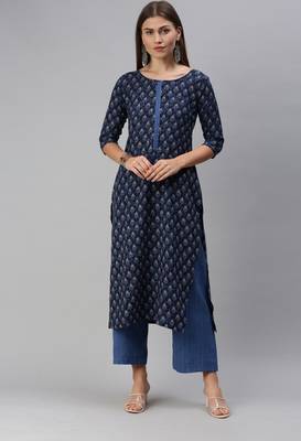SheWill Women Blue Printed Cotton Blend Straight Kurta with Palazzos 1
