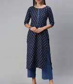 SheWill Women Blue Printed Cotton Blend Straight Kurta with Palazzos
