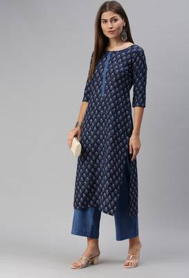SheWill Women Blue Printed Cotton Blend Straight Kurta with Palazzos 2