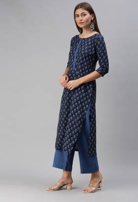 SheWill Women Blue Printed Cotton Blend Straight Kurta with Palazzos 3