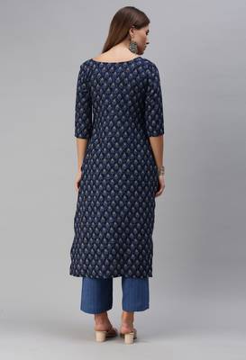 SheWill Women Blue Printed Cotton Blend Straight Kurta with Palazzos 4