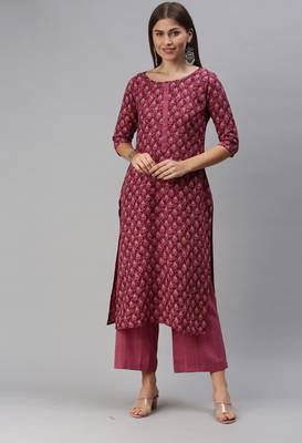 SheWill Women Magenta Printed Cotton Blend Straight Kurta with Palazzos 1