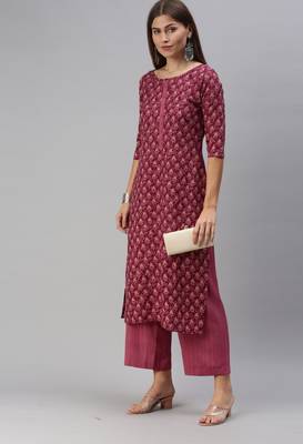 SheWill Women Magenta Printed Cotton Blend Straight Kurta with Palazzos 2