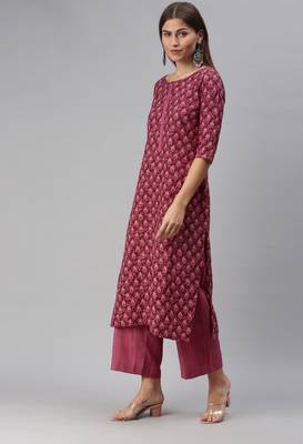 SheWill Women Magenta Printed Cotton Blend Straight Kurta with Palazzos 3