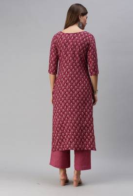 SheWill Women Magenta Printed Cotton Blend Straight Kurta with Palazzos 4