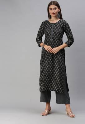 SheWill Women Grey Printed Cotton Blend Straight Kurta with Palazzos 1