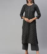 SheWill Women Grey Printed Cotton Blend Straight Kurta with Palazzos