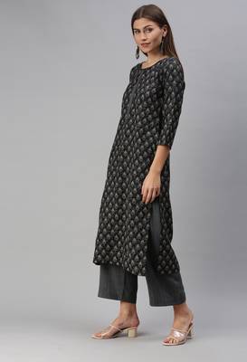 SheWill Women Grey Printed Cotton Blend Straight Kurta with Palazzos 2