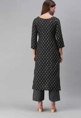 SheWill Women Grey Printed Cotton Blend Straight Kurta with Palazzos 3