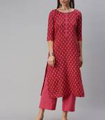 SheWill Women Pink Printed Cotton Blend Straight Kurta with Palazzos
