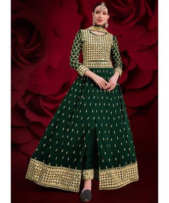 Green Golden Mirror Work Slit Style Anarkali Pant Suit 1