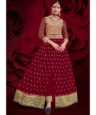 Red Golden Mirror Work Slit Style Anarkali Pant Suit 1