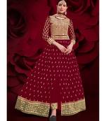 Red Golden Mirror Work Slit Style Anarkali Pant Suit
