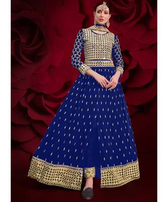 Royal Blue Golden Mirror Work Slit Style Anarkali Pant Suit 1