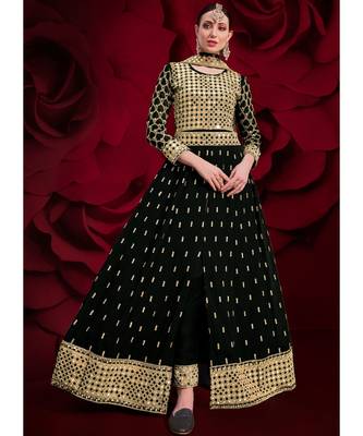 Black Golden Mirror Work Slit Style Anarkali Pant Suit 1