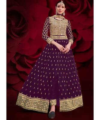 Wine Golden Mirror Work Slit Style Anarkali Pant Suit 1