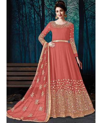 Peach Mirror Embroidered Designer Anarkali Suit 1