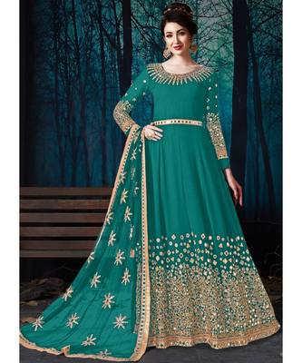Turquoise Mirror Embroidered Designer Anarkali Suit 1