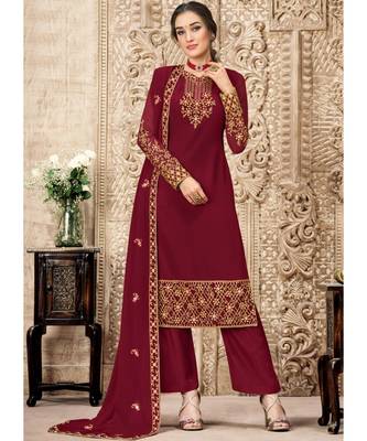 Dark Maroon Georgette Palazzo Style Suit 1