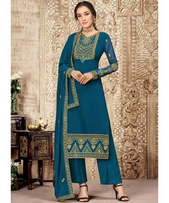 Teal Georgette Palazzo Style Suit 1
