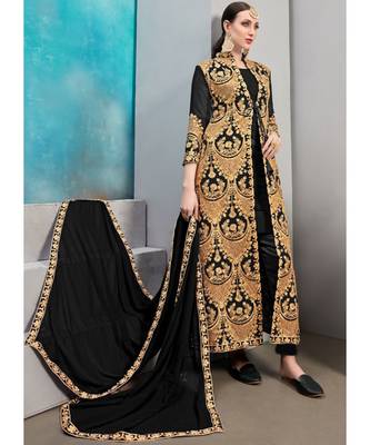 Faux Georgette Resham Black Jacket Style Suit 1