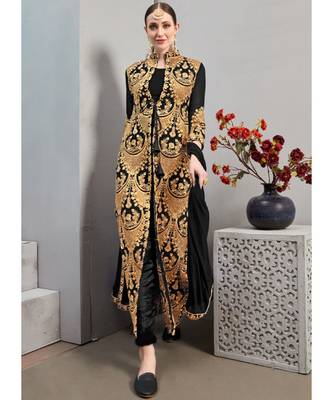 Faux Georgette Resham Black Jacket Style Suit 2
