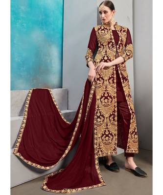 Maroon Faux Georgette Resham Jacket Style Suit 1