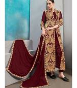 Maroon Faux Georgette Resham Jacket Style Suit