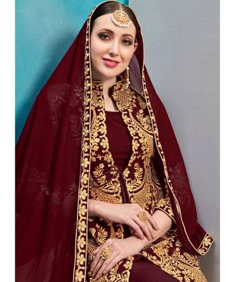 Maroon Faux Georgette Resham Jacket Style Suit 3