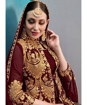 Maroon Faux Georgette Resham Jacket Style Suit 4