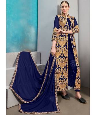 Faux Georgette Navy Blue Jacket Style Suit 1