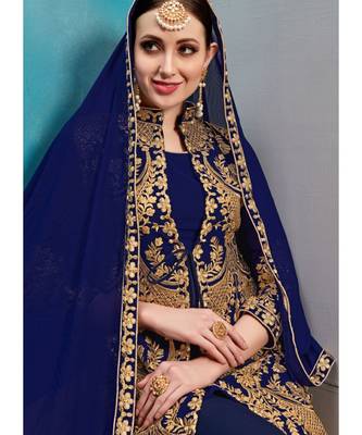 Faux Georgette Navy Blue Jacket Style Suit 4