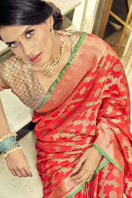 Red woven banarasi saree with blouse 3