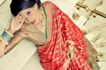 Red woven banarasi saree with blouse 4