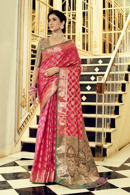Pink woven banarasi saree with blouse 1