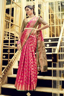 Pink woven banarasi saree with blouse 2