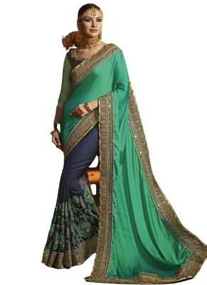 Blue embroidered satin saree with blouse 1