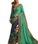 Blue embroidered satin saree with blouse