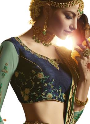 Blue embroidered satin saree with blouse 2