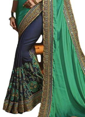 Blue embroidered satin saree with blouse 3